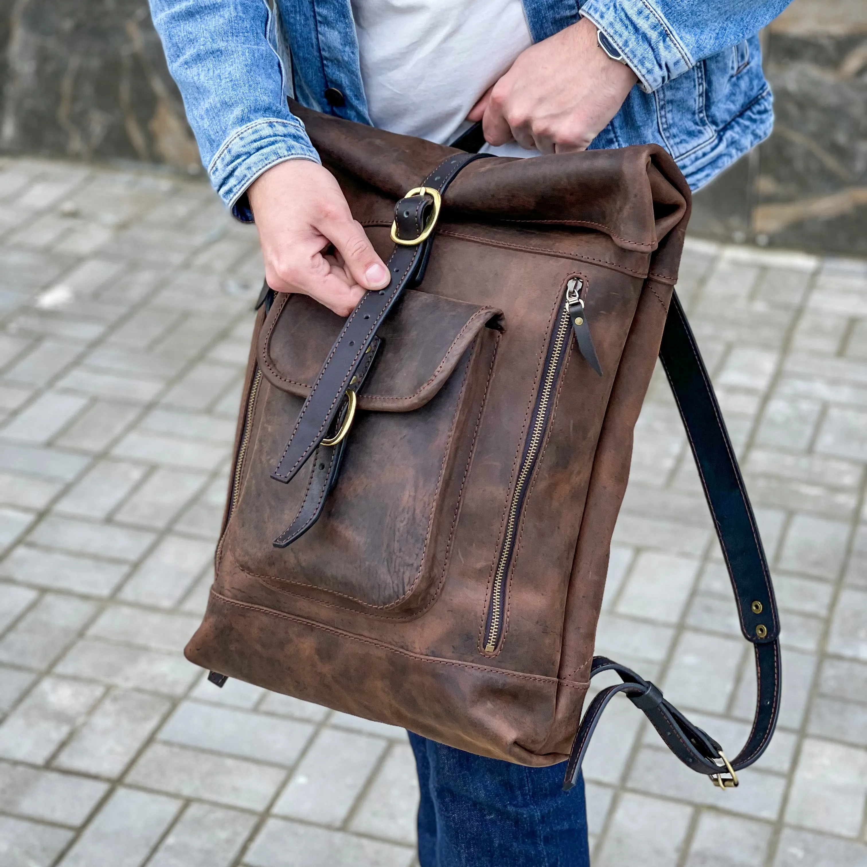 Backpack Roll Top, Crazy Horse Backpack Mens