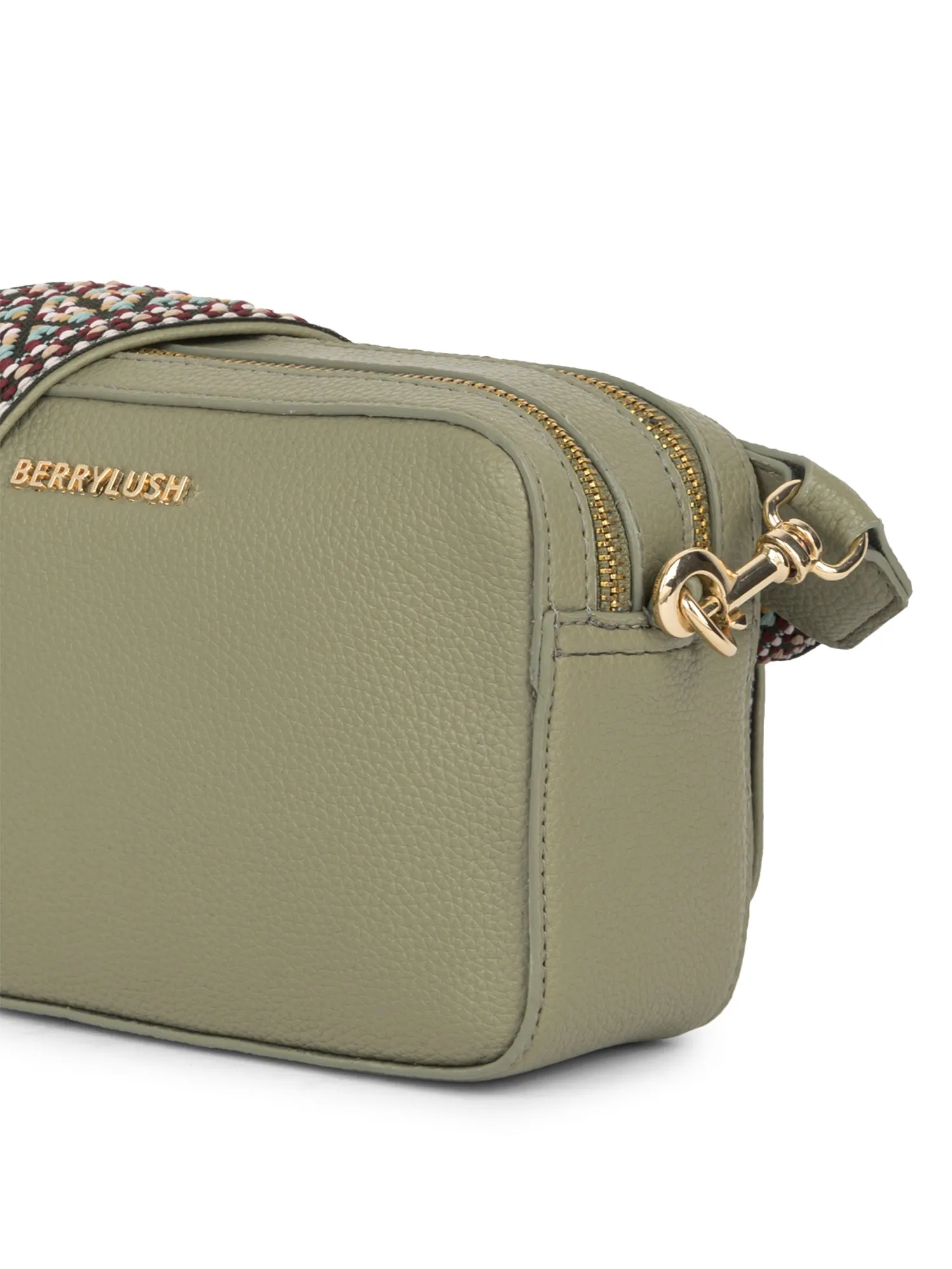 Berrylush Women Green Textured Pattern Synthetic Leather Detachable Strap Logo Embellished Sling Bag