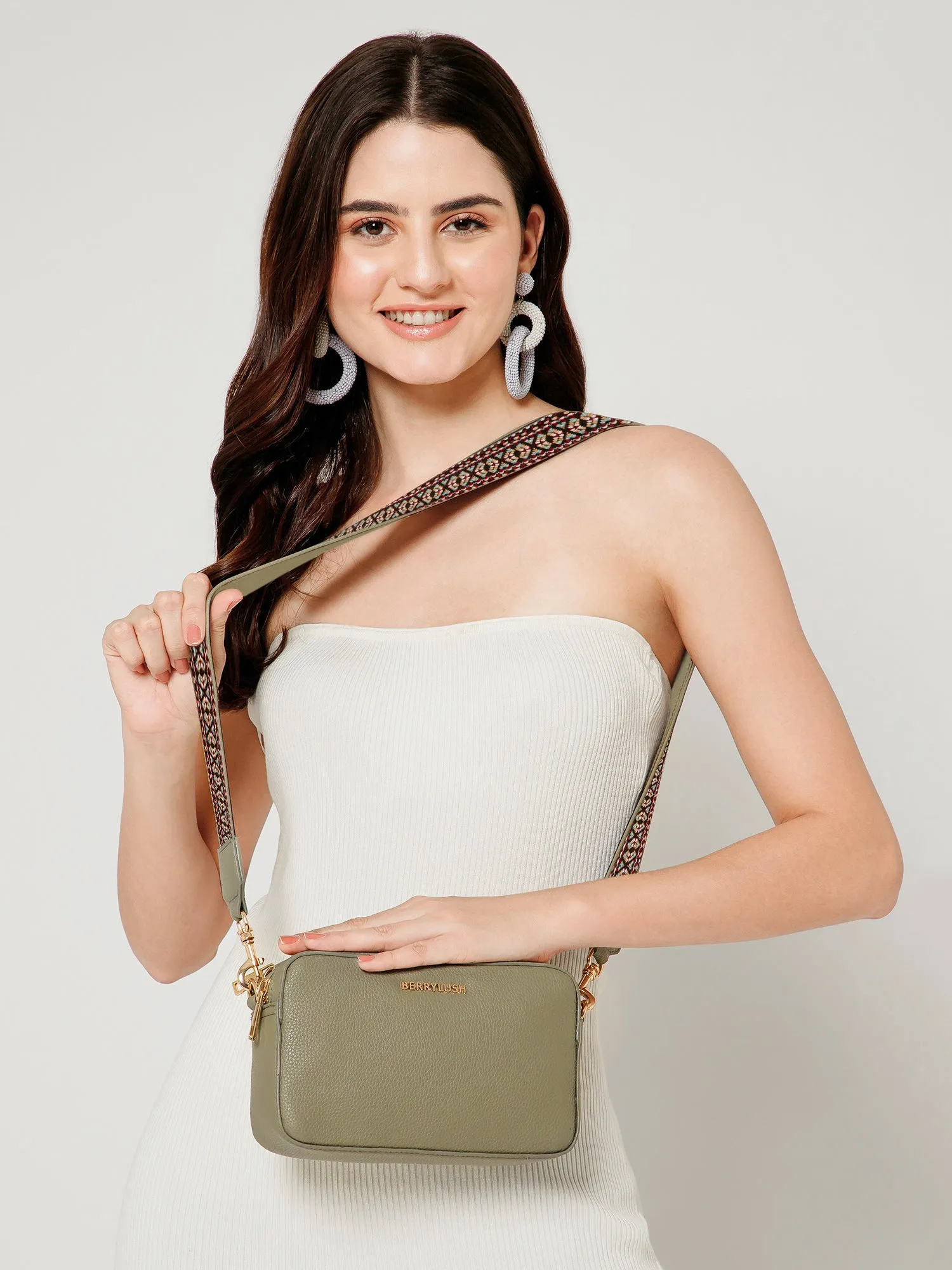 Berrylush Women Green Textured Pattern Synthetic Leather Detachable Strap Logo Embellished Sling Bag