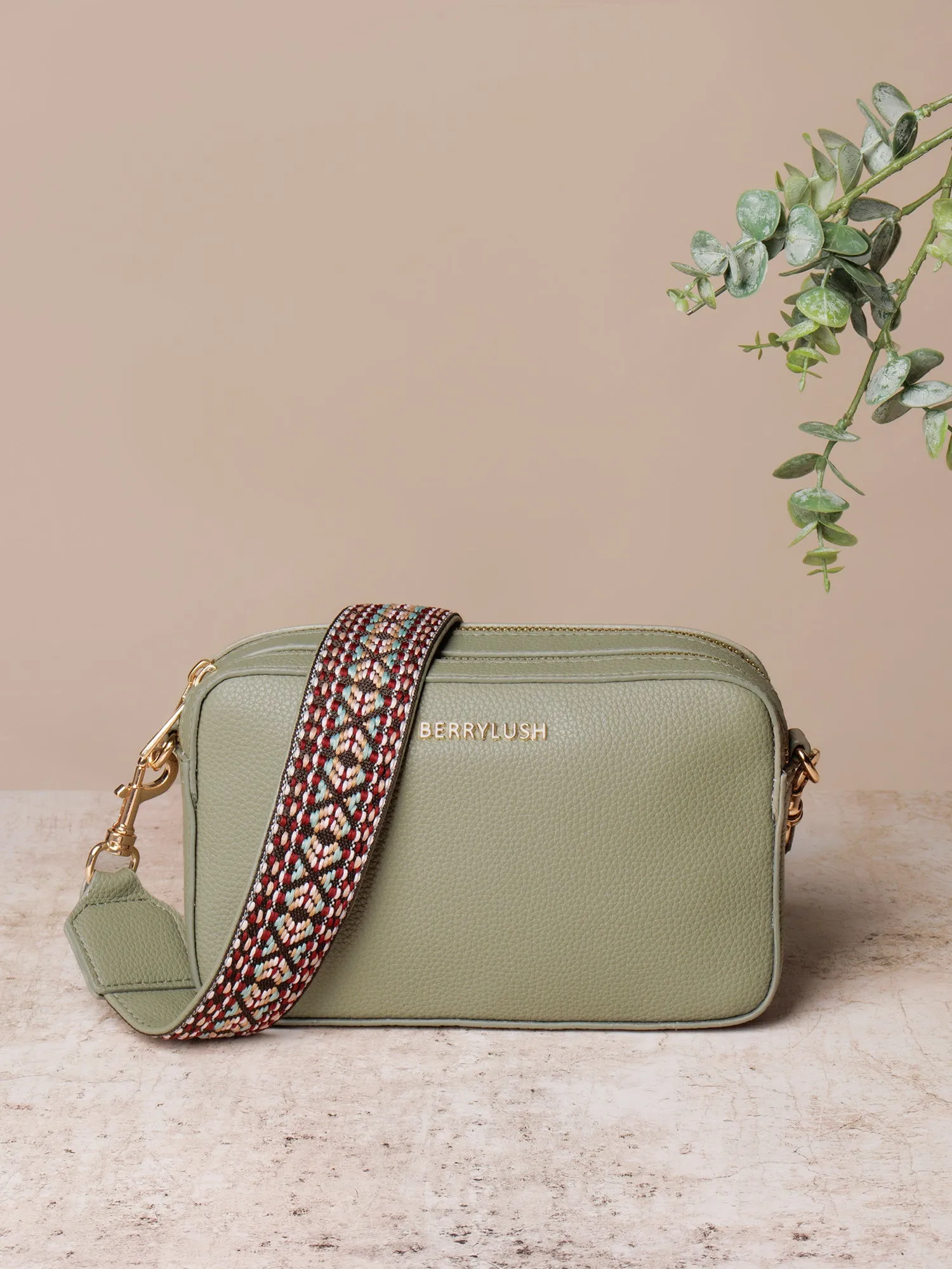 Berrylush Women Green Textured Pattern Synthetic Leather Detachable Strap Logo Embellished Sling Bag