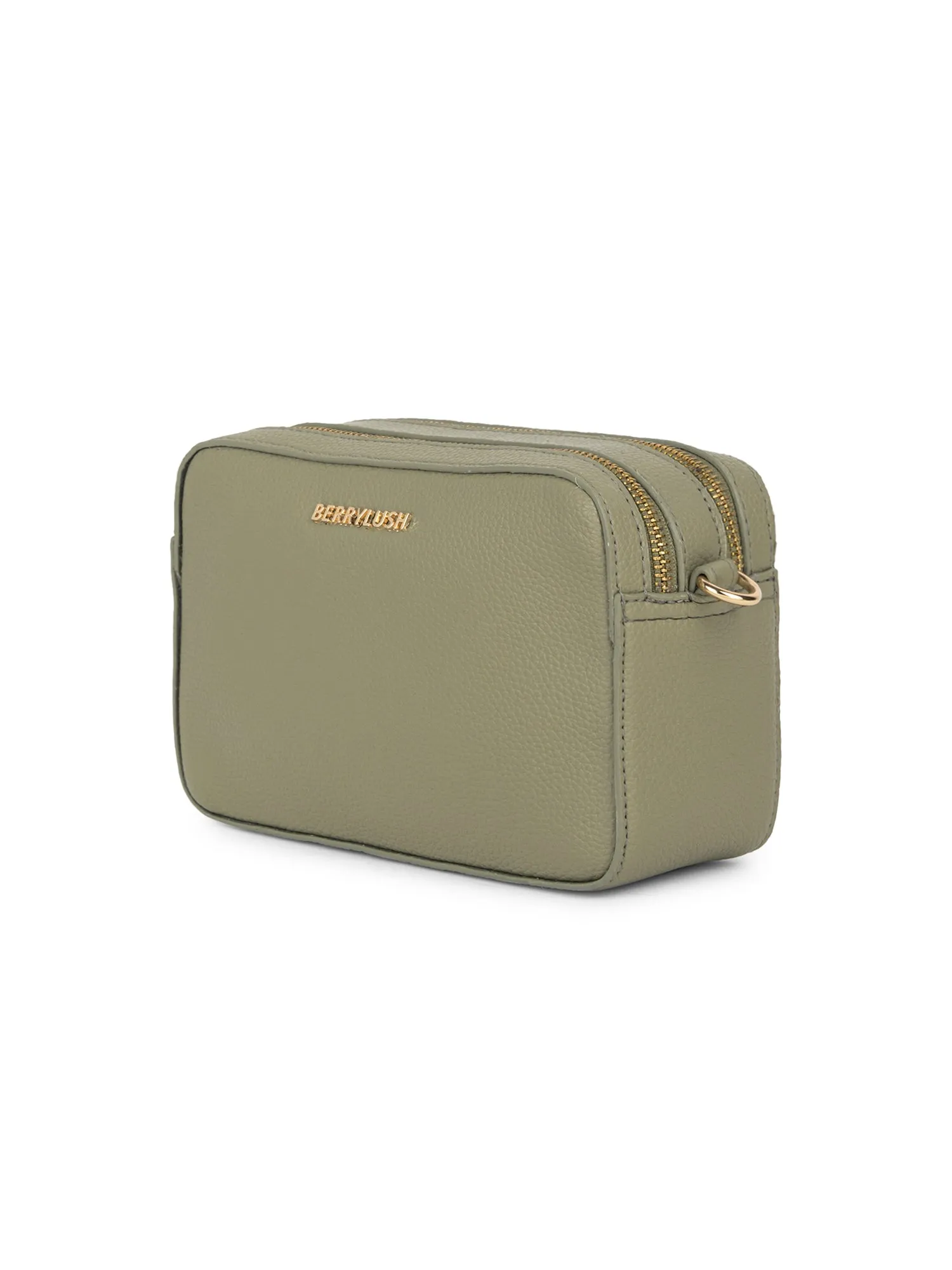 Berrylush Women Green Textured Pattern Synthetic Leather Detachable Strap Logo Embellished Sling Bag