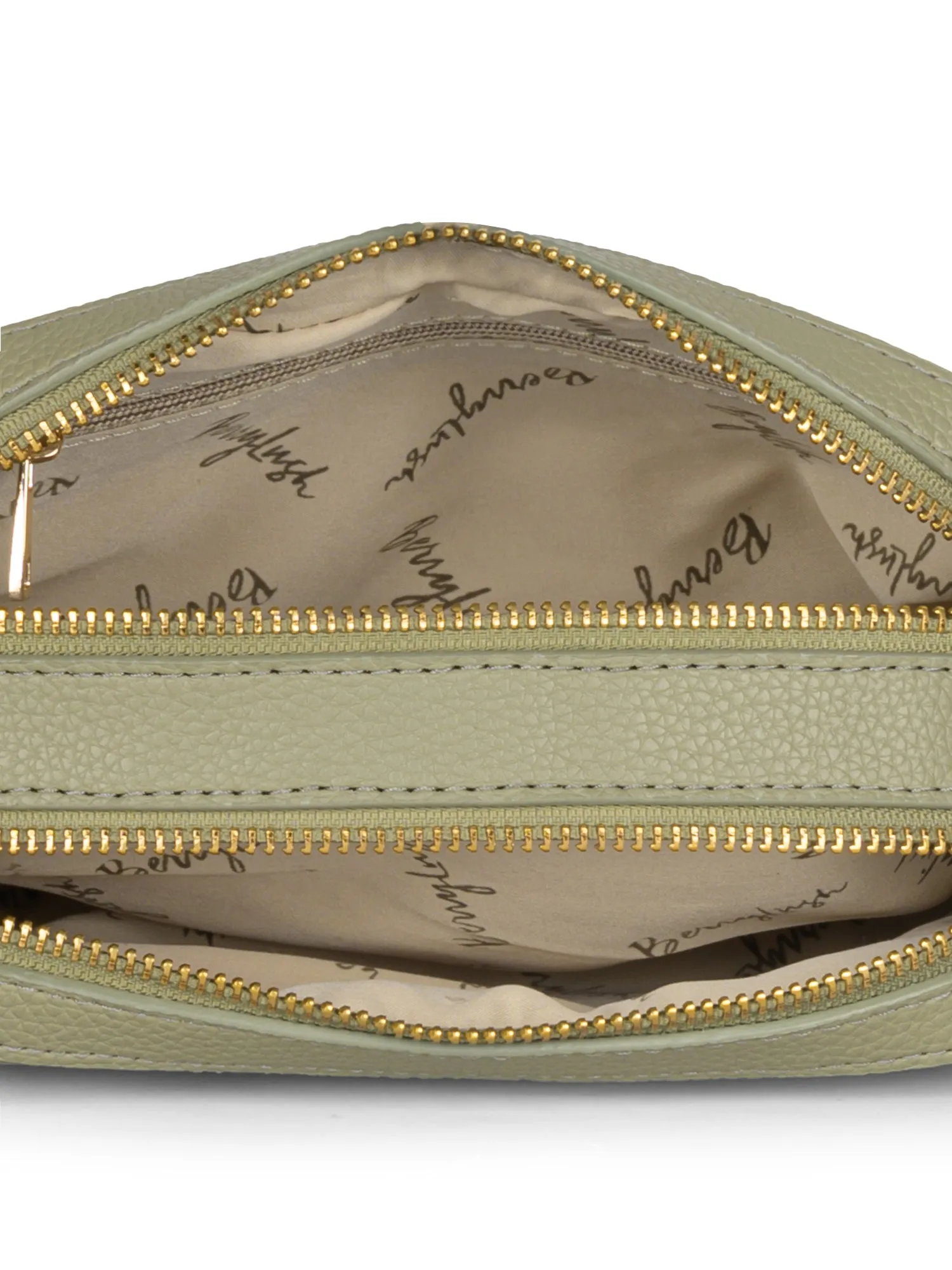 Berrylush Women Green Textured Pattern Synthetic Leather Detachable Strap Logo Embellished Sling Bag
