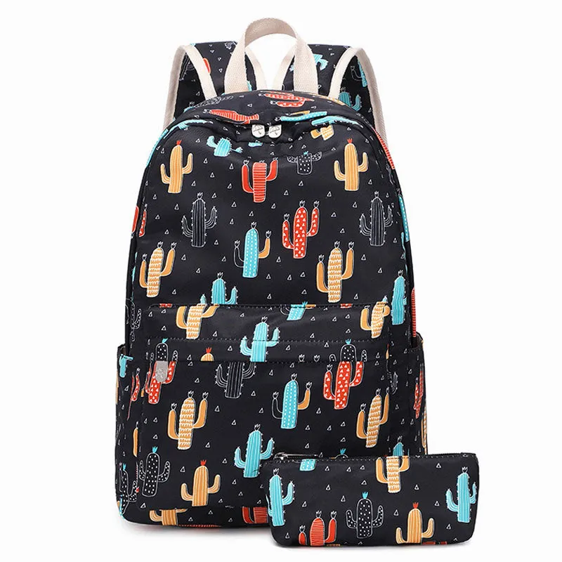Fashion School Bag Cactus Printed Backpack With Pencil Bag