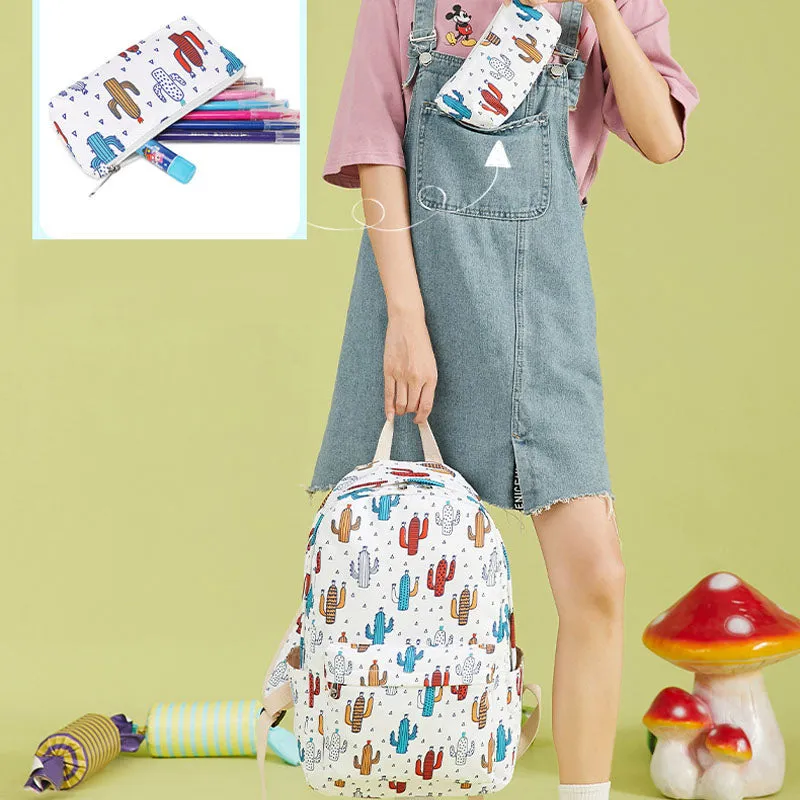 Fashion School Bag Cactus Printed Backpack With Pencil Bag
