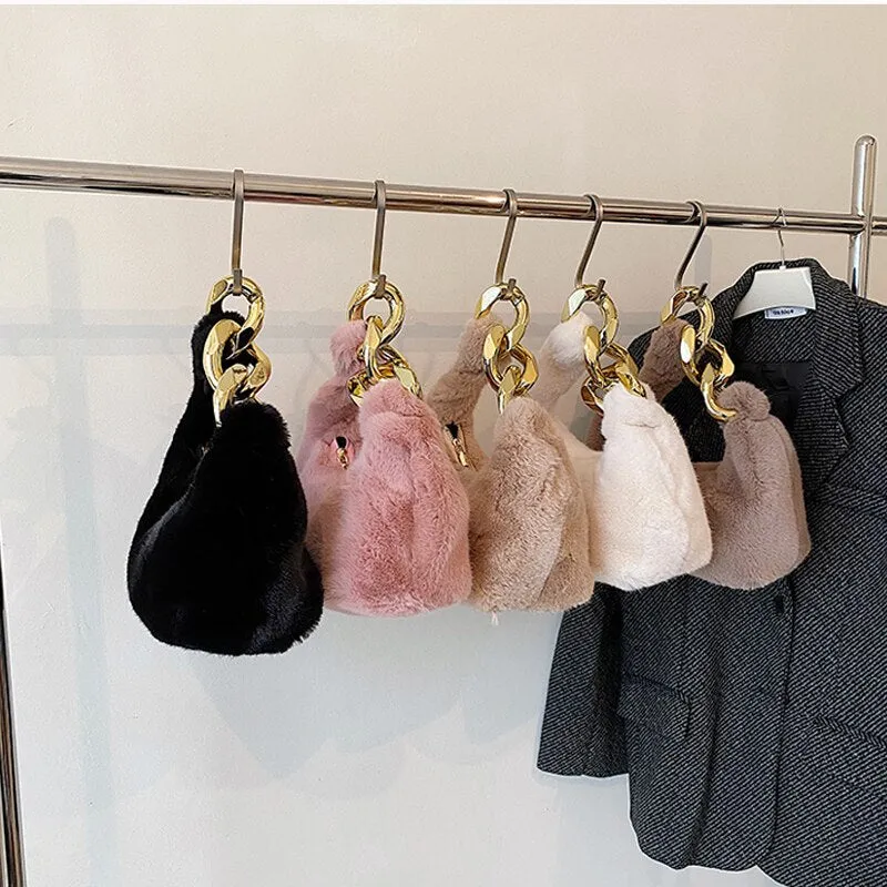 Fuzzy Fur with Chain Accent Mini Handbags