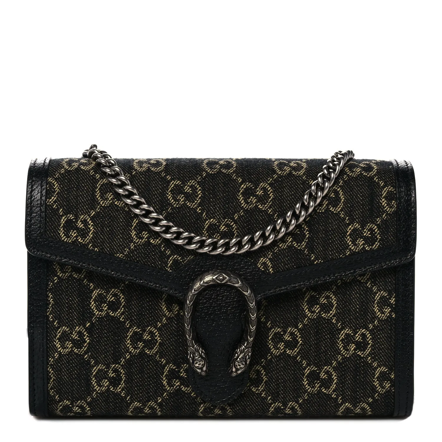 Gucci Dionysus GG Mini Chain Wallet Black Denim Handbag Silver Italy Bag NEW