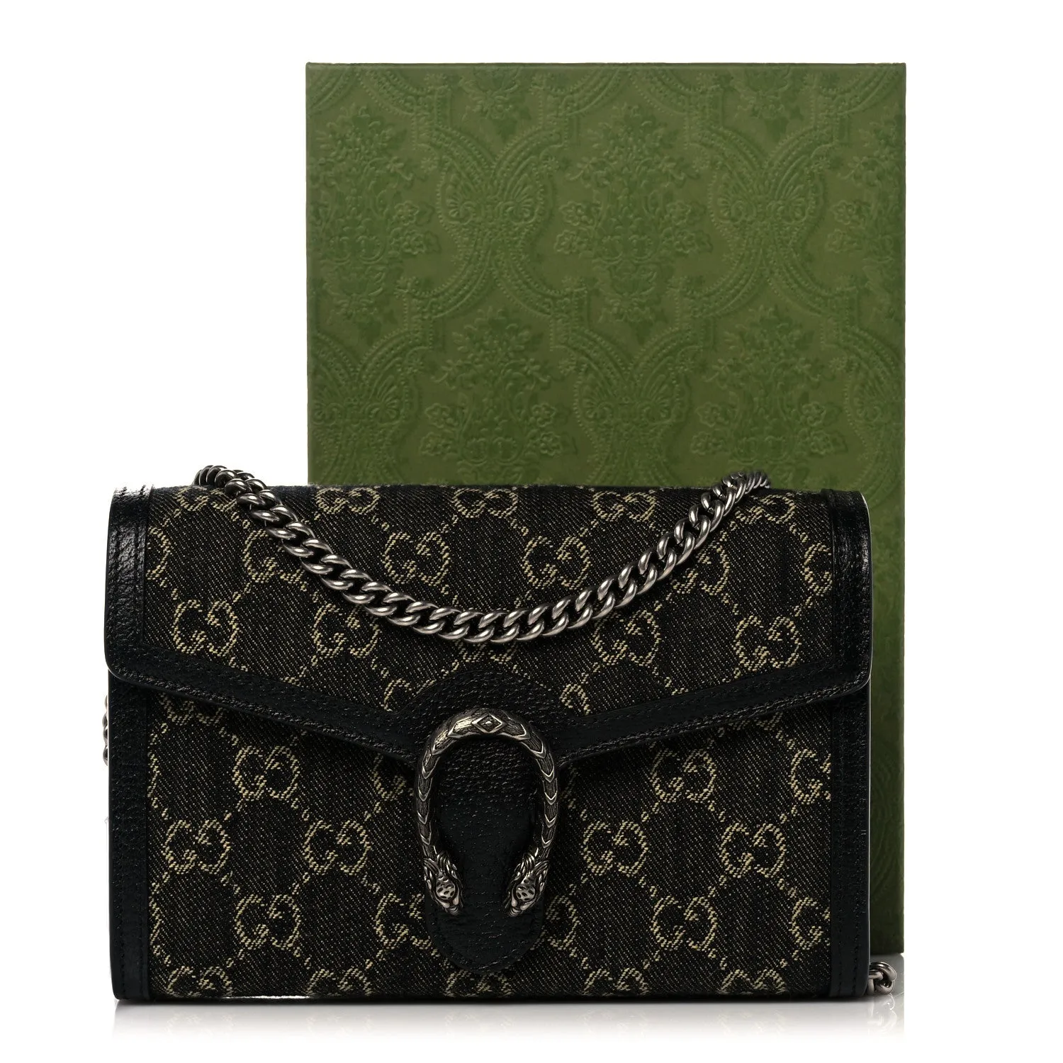 Gucci Dionysus GG Mini Chain Wallet Black Denim Handbag Silver Italy Bag NEW