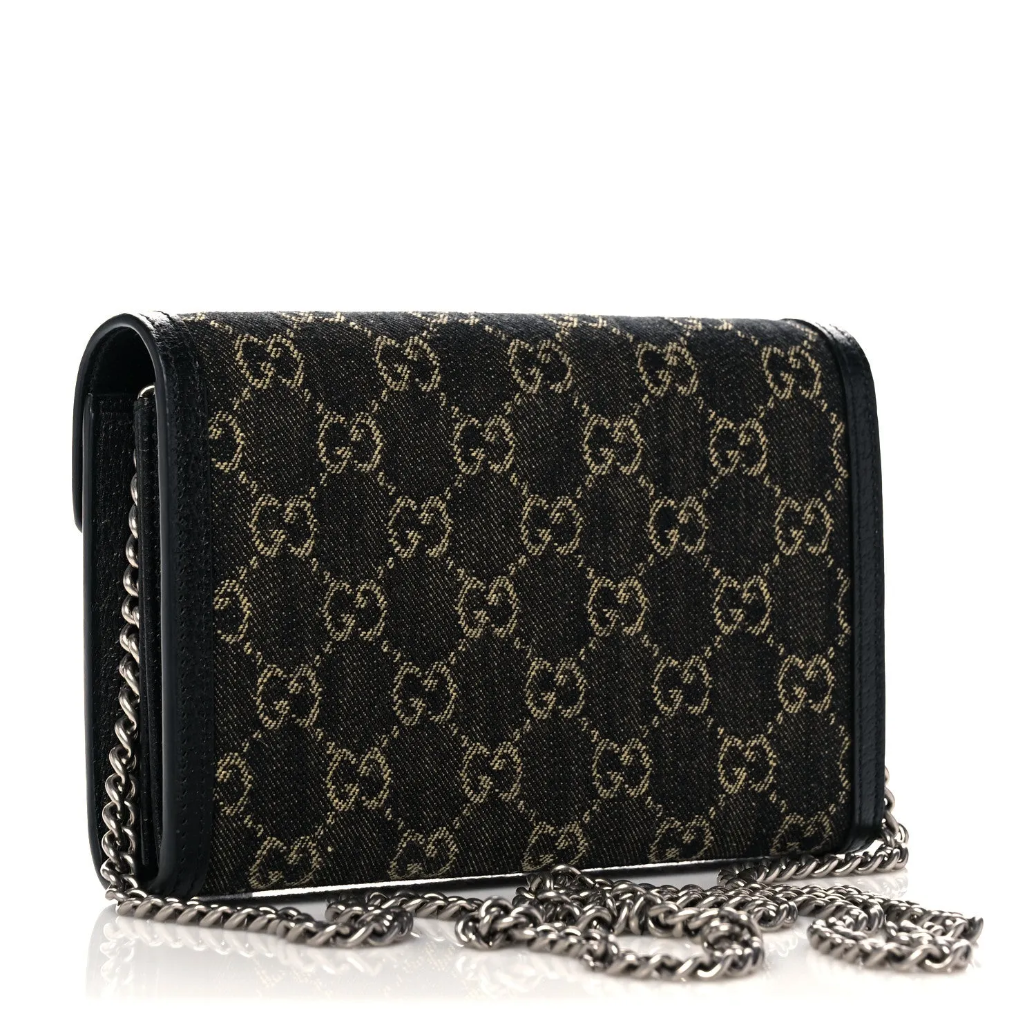 Gucci Dionysus GG Mini Chain Wallet Black Denim Handbag Silver Italy Bag NEW