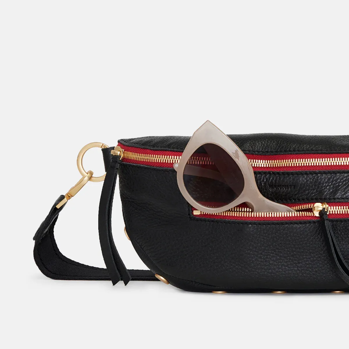 Hammitt Charles Crossbody Black Brushed Gold Red Zip