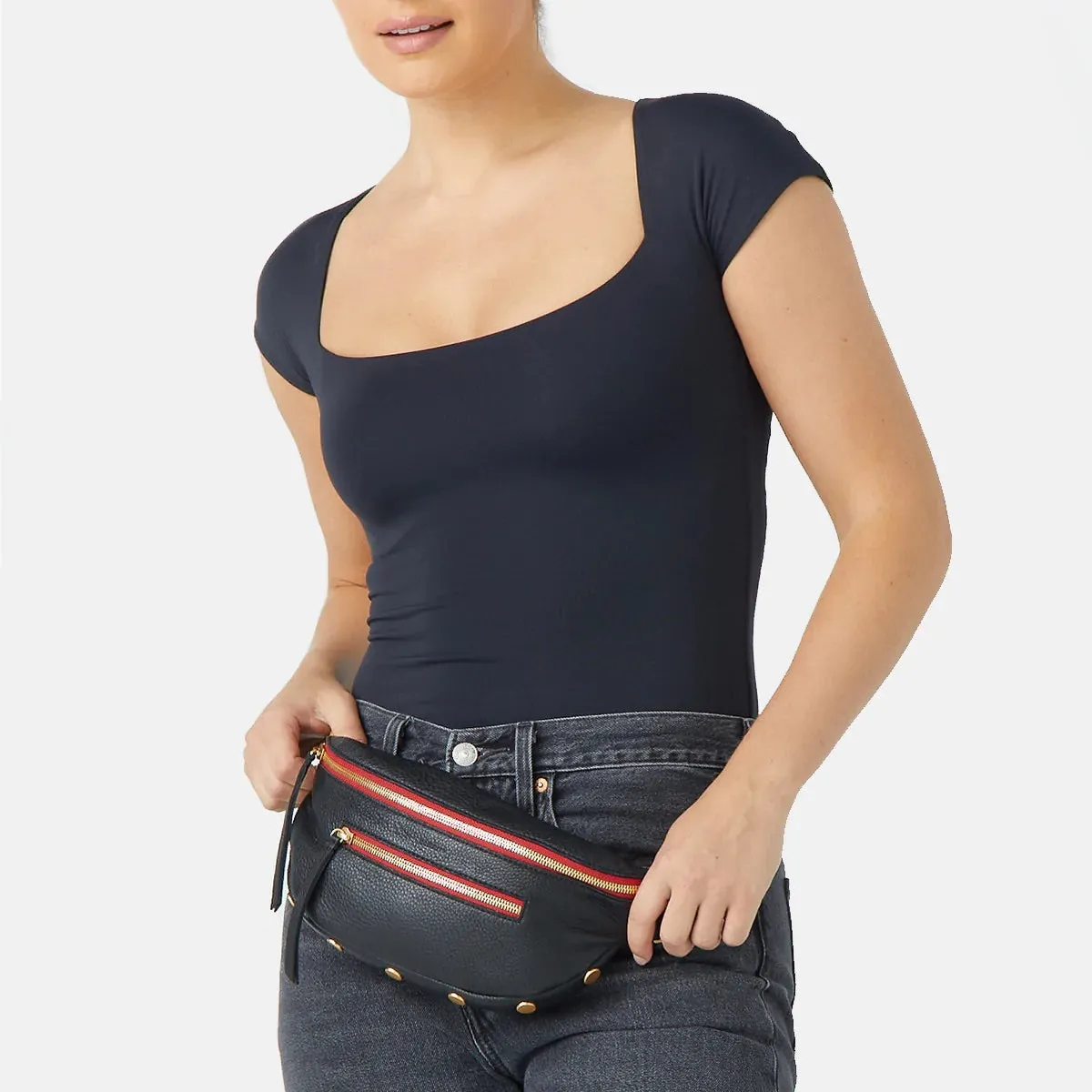 Hammitt Charles Crossbody Black Brushed Gold Red Zip