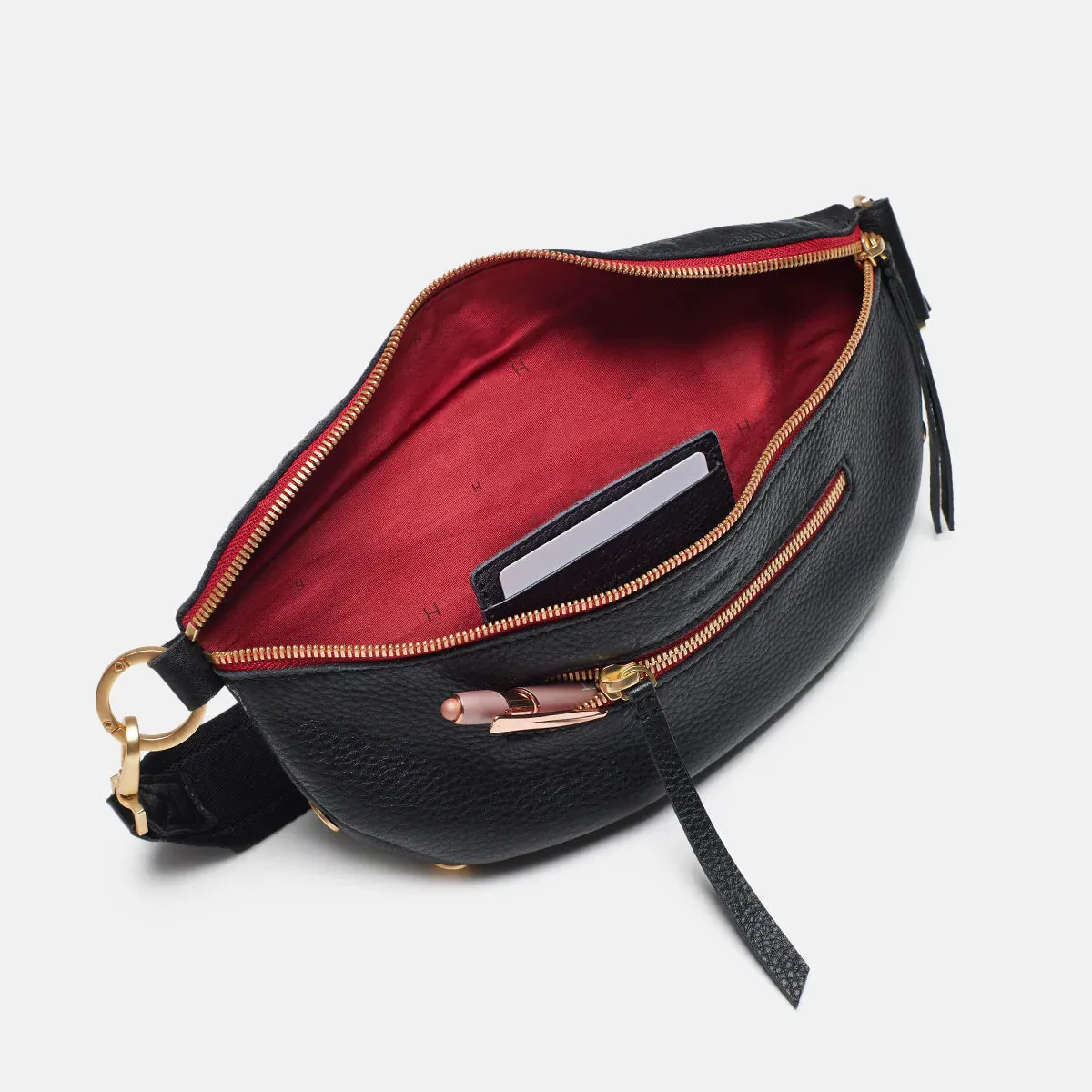 Hammitt Charles Crossbody Black Brushed Gold Red Zip