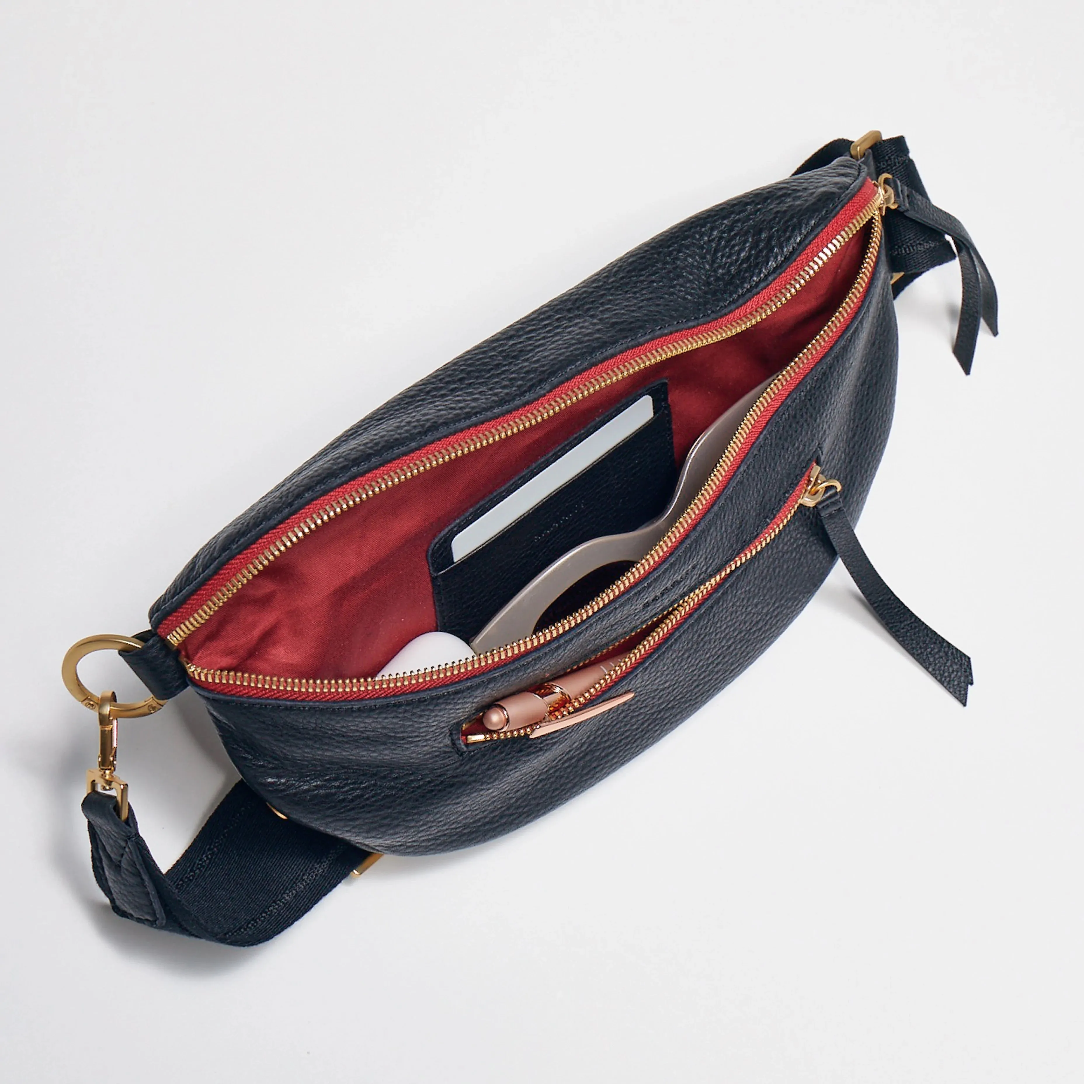Hammitt Charles Crossbody Black Brushed Gold Red Zip