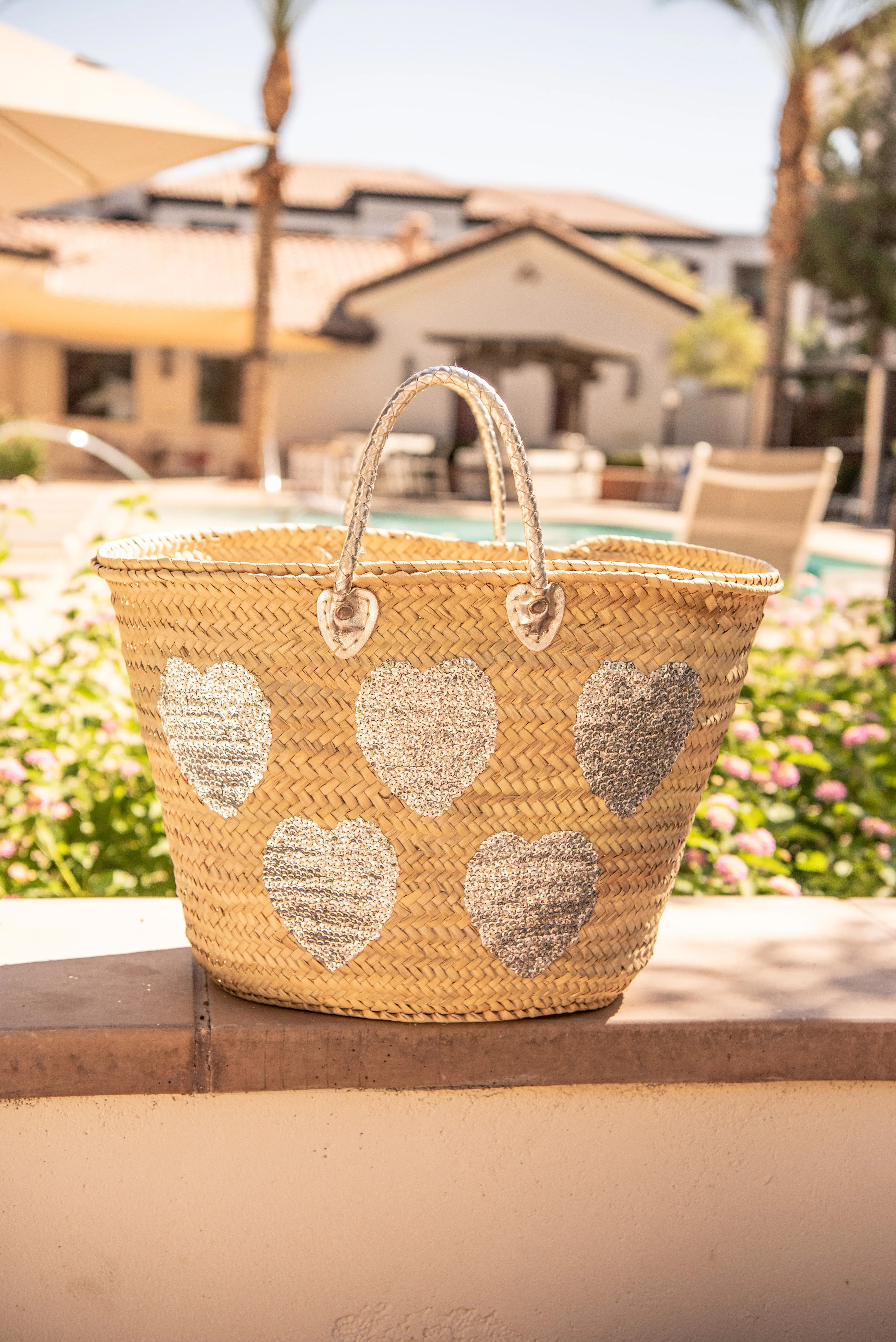 Large Straw Tote with Silver Sequin Hearts
