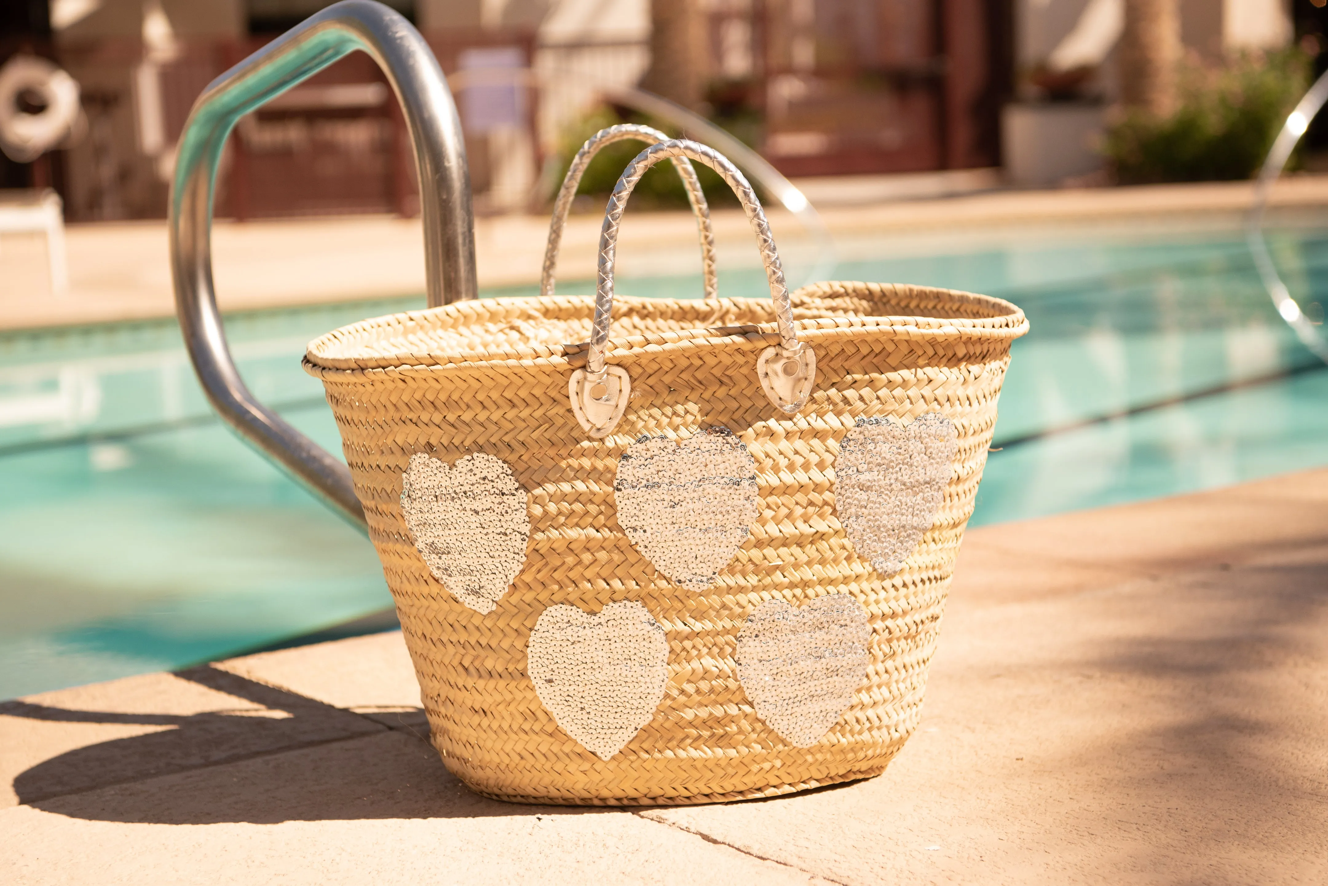 Large Straw Tote with Silver Sequin Hearts