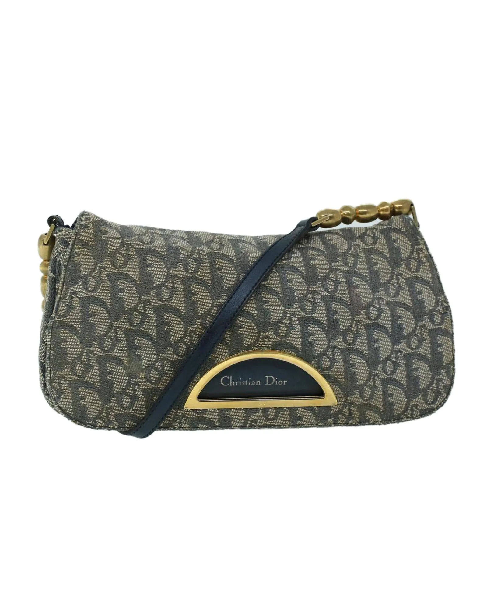 Navy Canvas Shoulder Bag with Pearl Detail