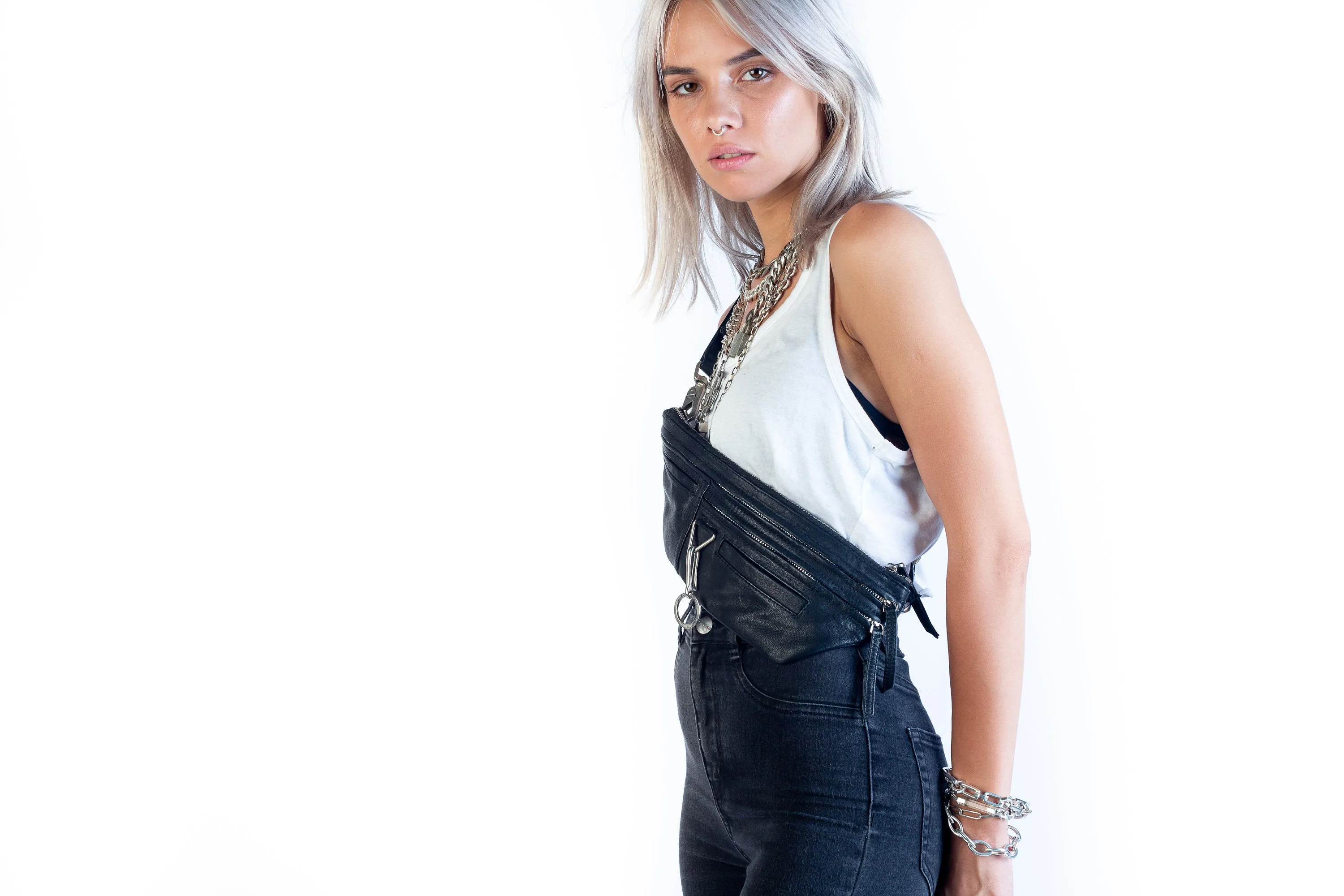 Slick Chain and Leather Sling Bag and FannyPack