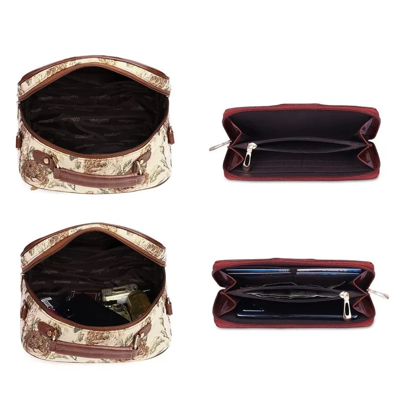 THE CLOWNFISH Combo Of Elsie Series Tapestry Crossbody Sling Bag Single Shoulder Bag & Aria Collection Tapestry Fabric Zip Around Style Womens Wallet Ladies Clutch (Brown-Floral)