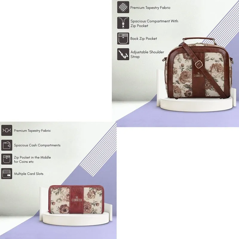 THE CLOWNFISH Combo Of Elsie Series Tapestry Crossbody Sling Bag Single Shoulder Bag & Aria Collection Tapestry Fabric Zip Around Style Womens Wallet Ladies Clutch (Brown-Floral)