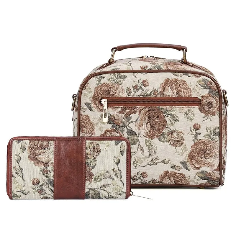 THE CLOWNFISH Combo Of Elsie Series Tapestry Crossbody Sling Bag Single Shoulder Bag & Aria Collection Tapestry Fabric Zip Around Style Womens Wallet Ladies Clutch (Brown-Floral)