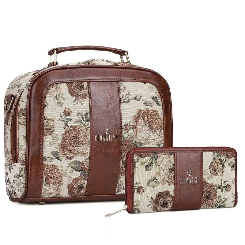 THE CLOWNFISH Combo Of Elsie Series Tapestry Crossbody Sling Bag Single Shoulder Bag & Aria Collection Tapestry Fabric Zip Around Style Womens Wallet Ladies Clutch (Brown-Floral)