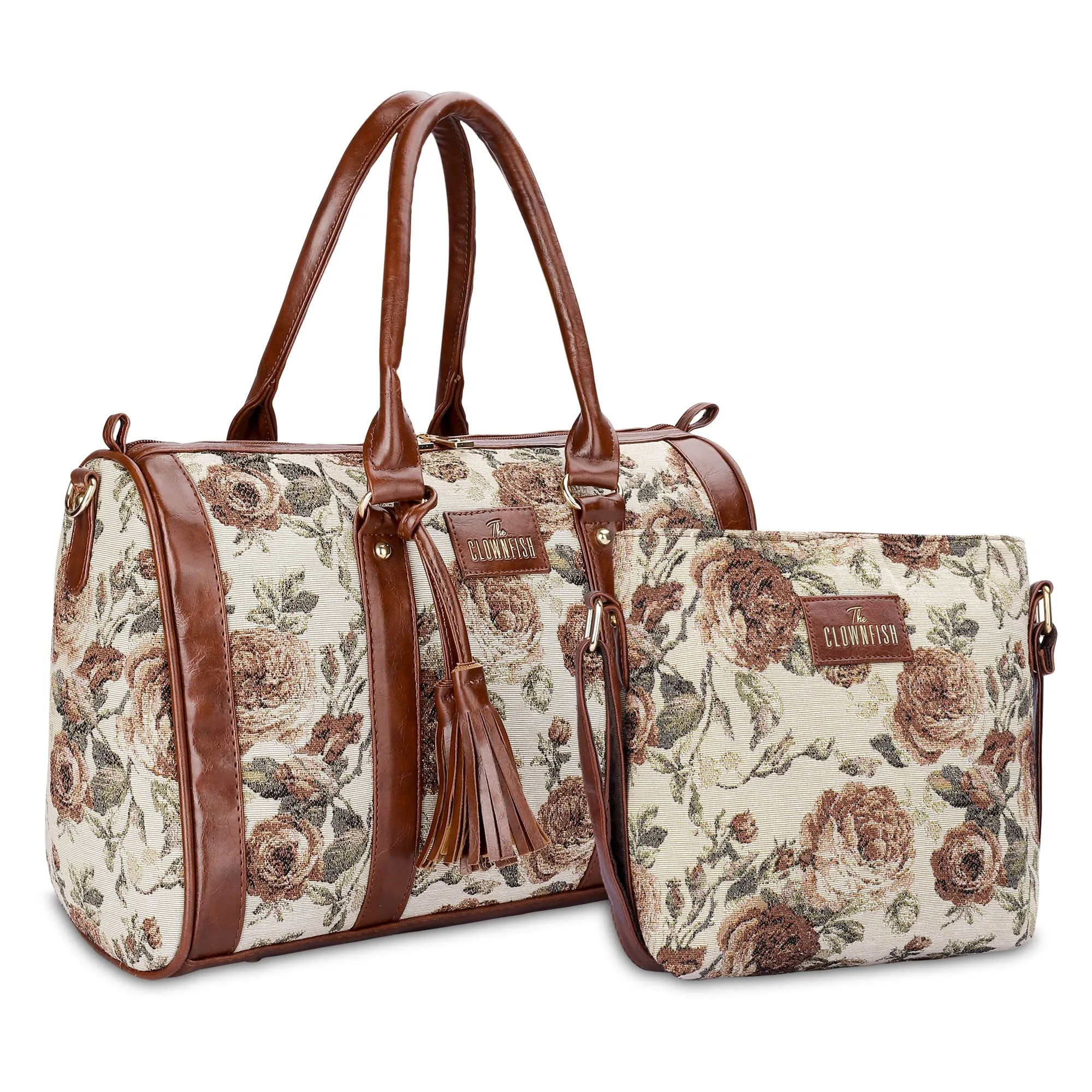 THE CLOWNFISH Combo of Linda Series Sling for Women Crossbody Bag for College Girls Lorna Tapestry Fabric & Faux Leather Handbag Sling Bag for Women (Brown-Floral)