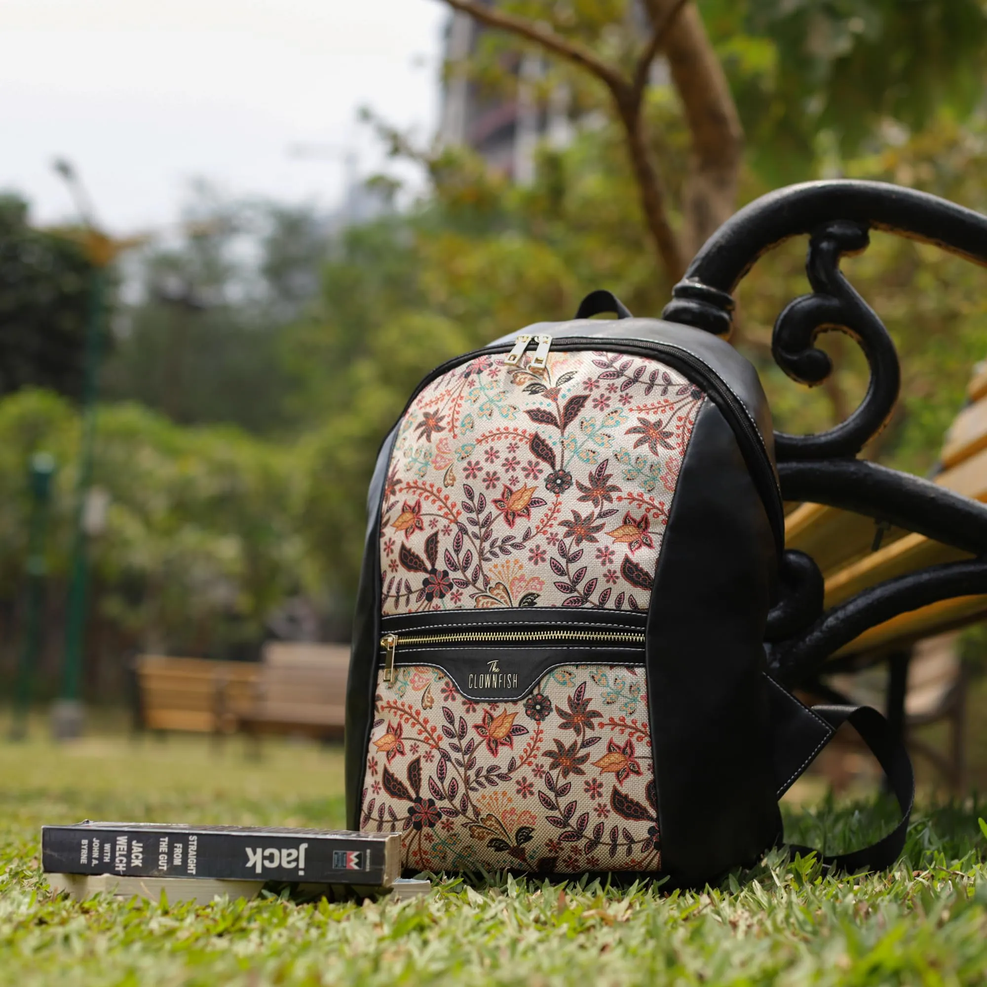 THE CLOWNFISH Propulse Collection Jute Fabric & Vegan Leather 15.6 inch Womens Laptop Backpack with Trolley Strap Travel Backpack for Women Office College Going Girls (Black)