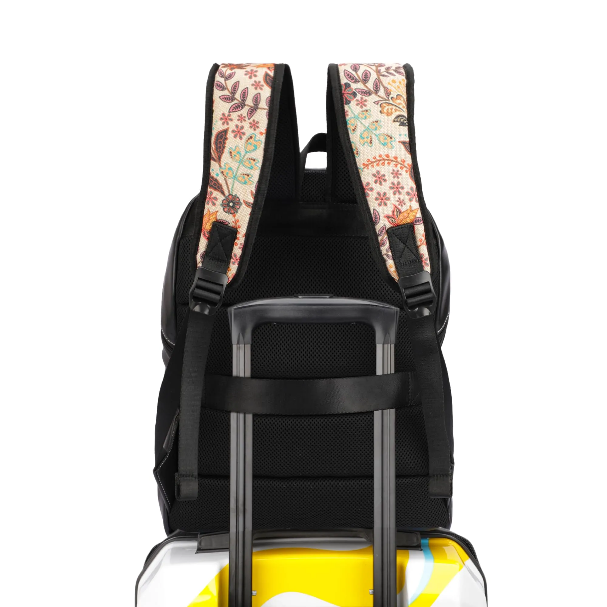THE CLOWNFISH Propulse Collection Jute Fabric & Vegan Leather 15.6 inch Womens Laptop Backpack with Trolley Strap Travel Backpack for Women Office College Going Girls (Black)