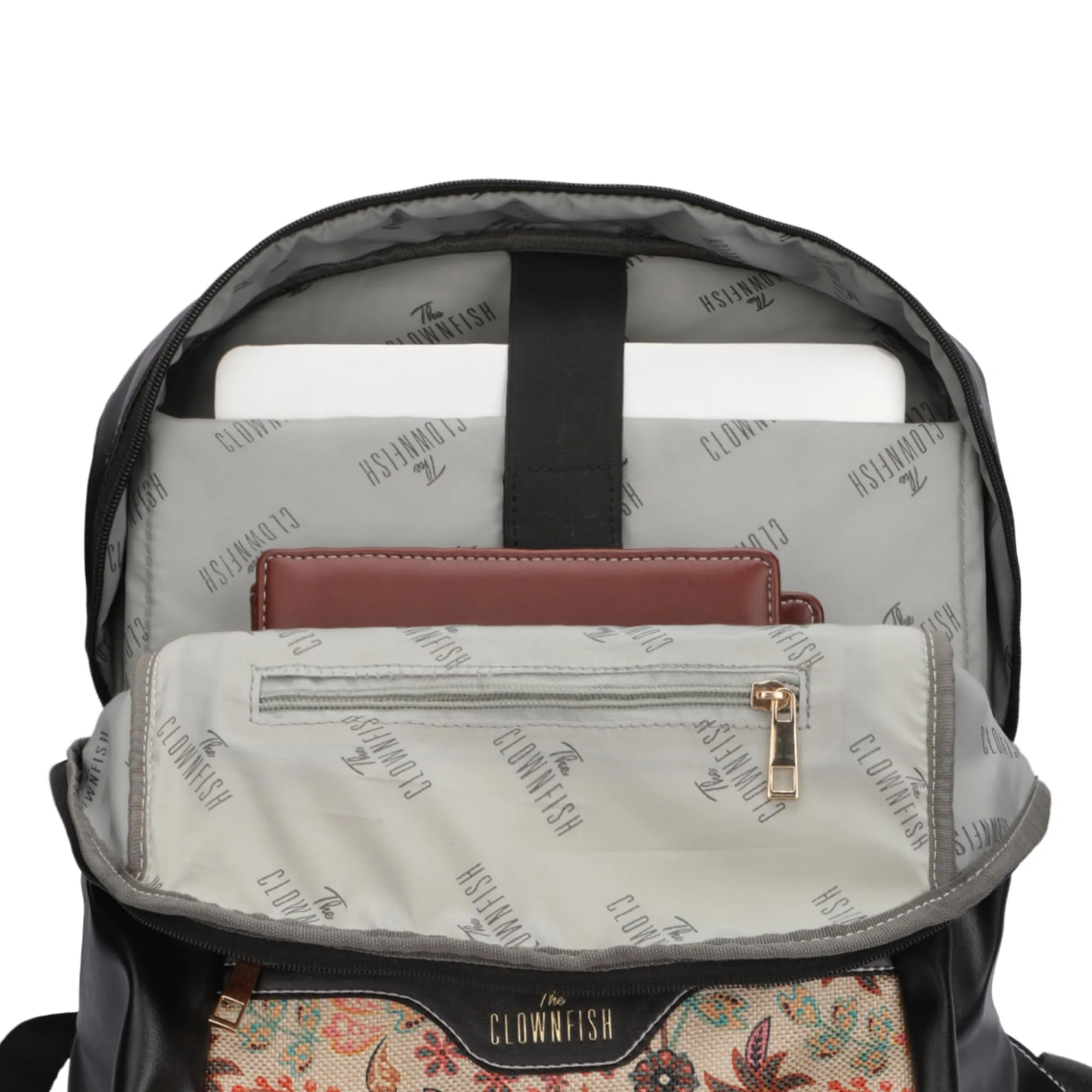 THE CLOWNFISH Propulse Collection Jute Fabric & Vegan Leather 15.6 inch Womens Laptop Backpack with Trolley Strap Travel Backpack for Women Office College Going Girls (Black)
