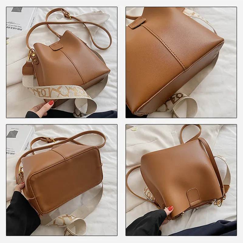 Vegan Leather Bucket Purse Wide Strap Crossbody Bag For Women