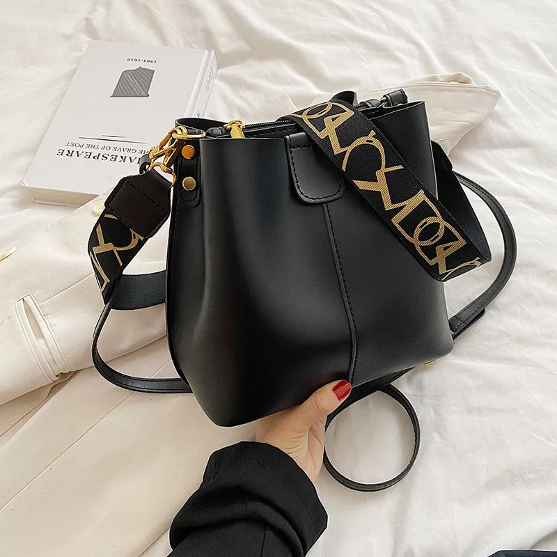 Vegan Leather Bucket Purse Wide Strap Crossbody Bag For Women