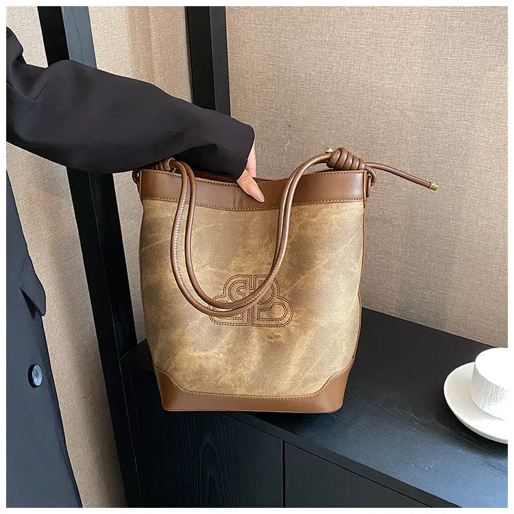 Vintage Bucket Bag For Women Vegan Leather Underarm Tote