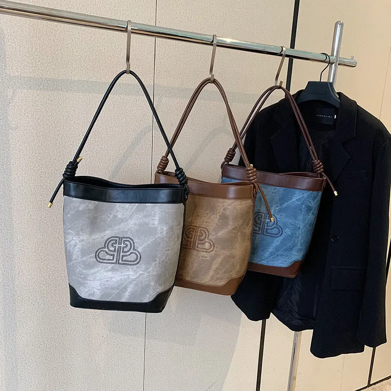 Vintage Bucket Bag For Women Vegan Leather Underarm Tote