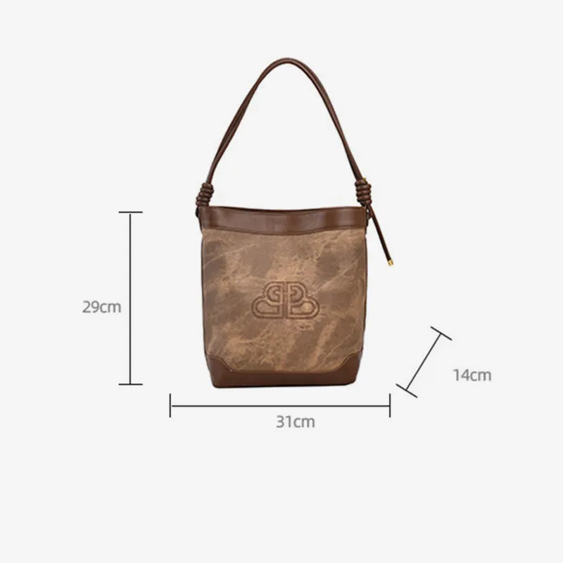 Vintage Bucket Bag For Women Vegan Leather Underarm Tote