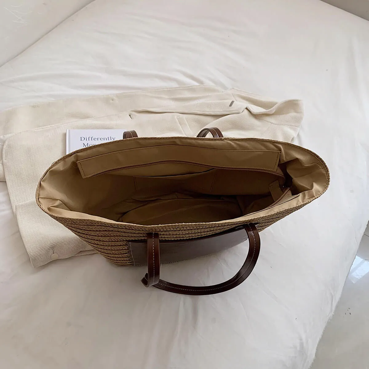 Woven Straw Beach Basket Tote Bag With Leather Handles-Showtown