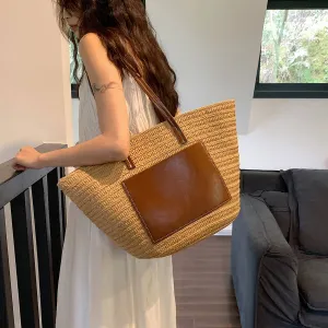 Woven Straw Beach Basket Tote Bag With Leather Handles-Showtown