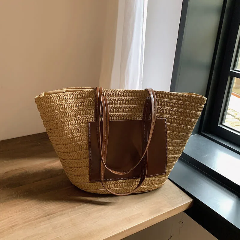 Woven Straw Beach Basket Tote Bag With Leather Handles-Showtown