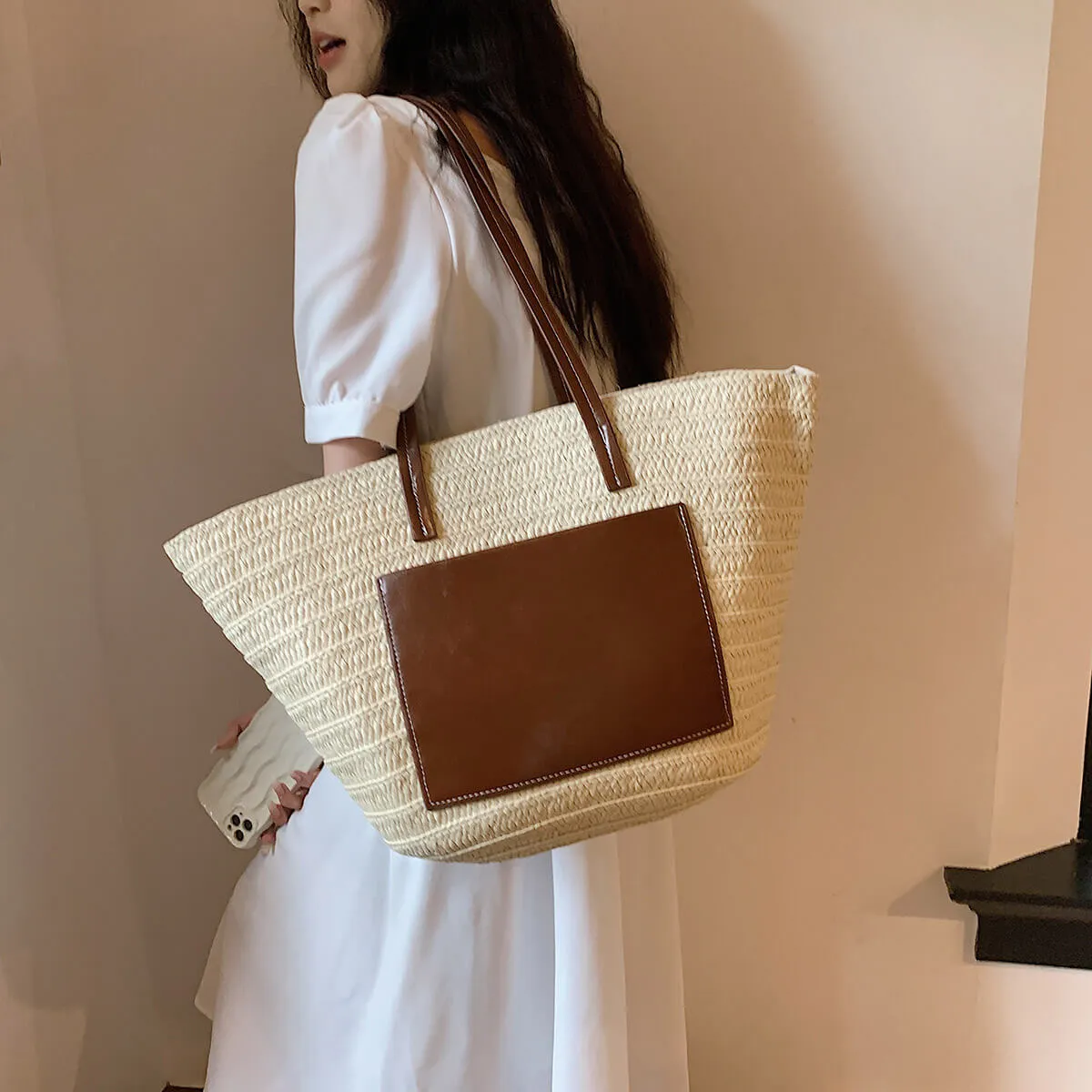 Woven Straw Beach Basket Tote Bag With Leather Handles-Showtown