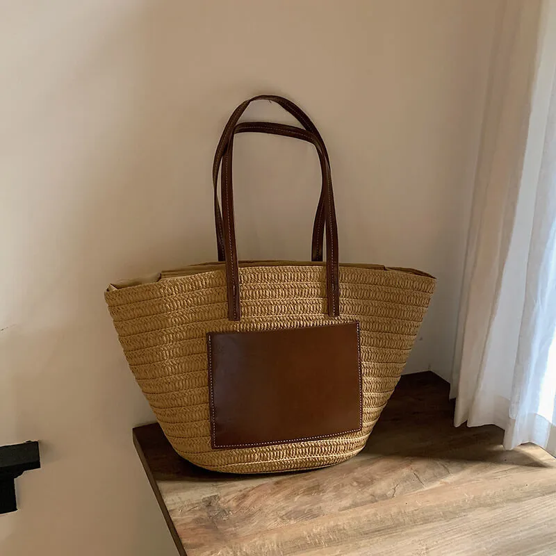 Woven Straw Beach Basket Tote Bag With Leather Handles-Showtown