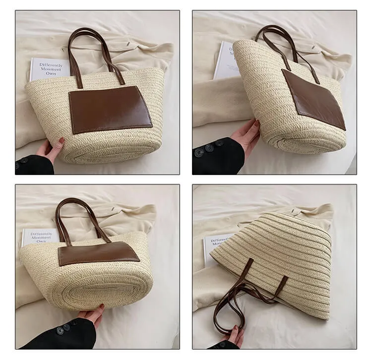 Woven Straw Beach Basket Tote Bag With Leather Handles-Showtown