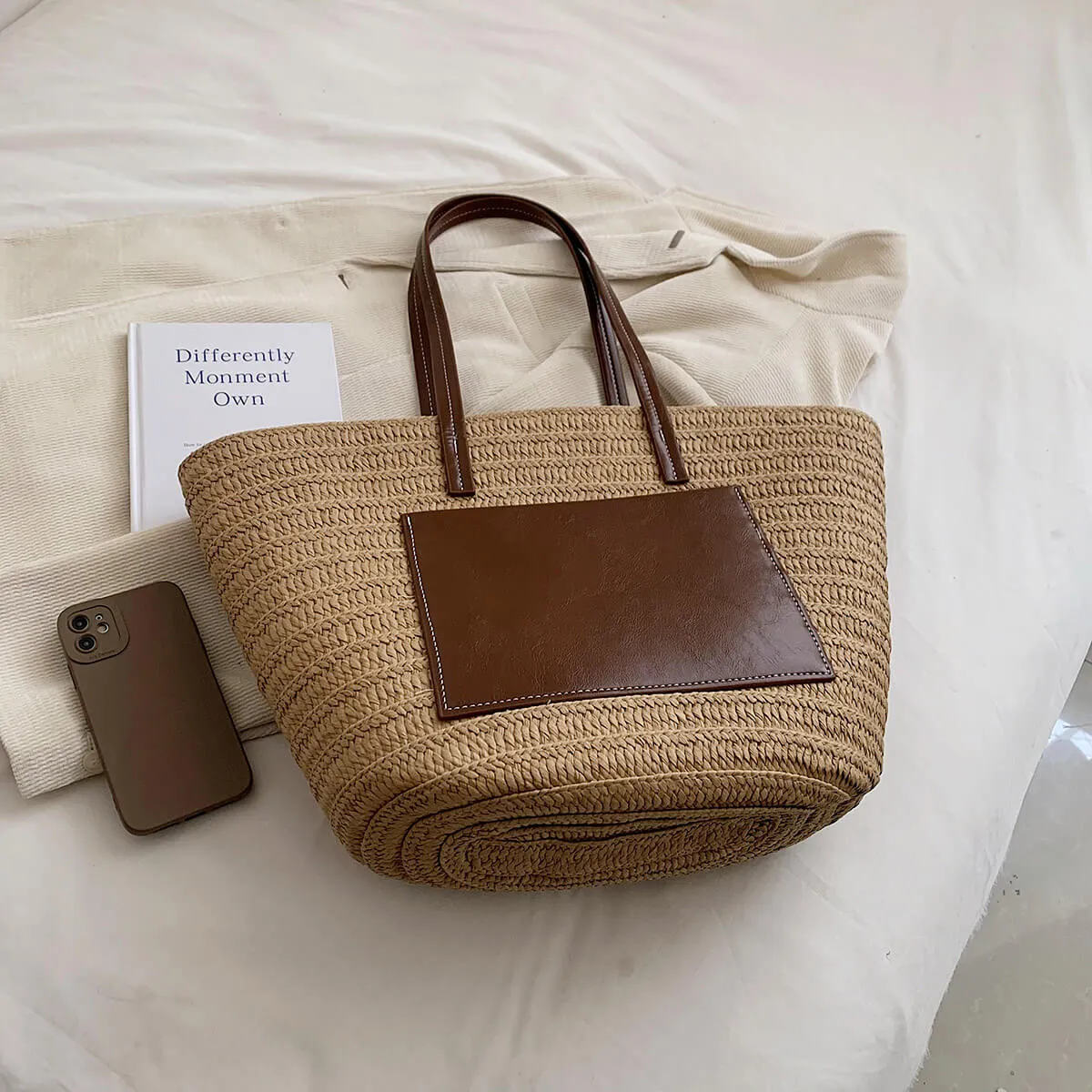 Woven Straw Beach Basket Tote Bag With Leather Handles-Showtown