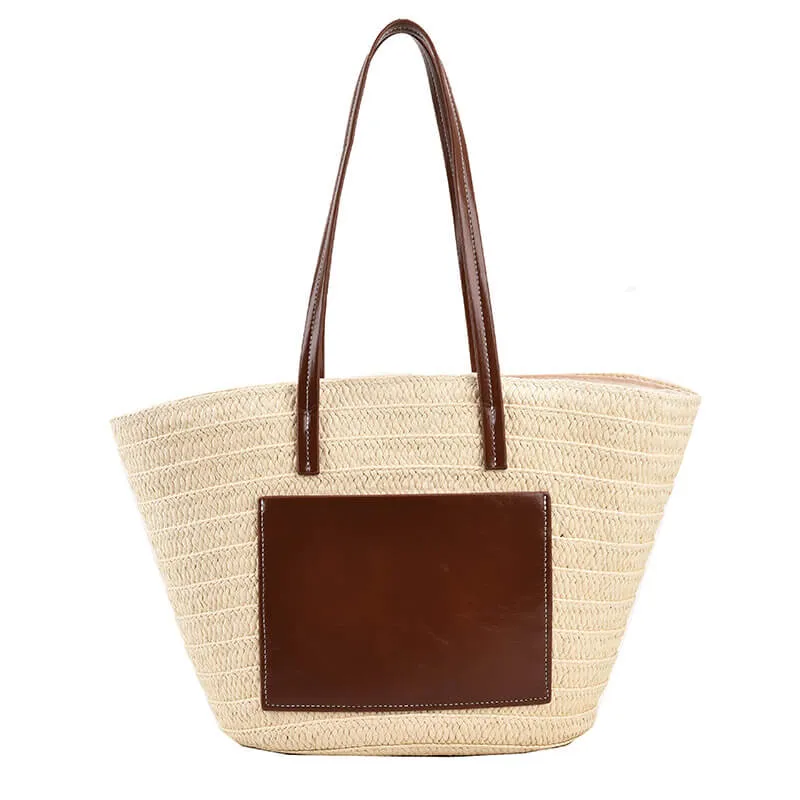 Woven Straw Beach Basket Tote Bag With Leather Handles-Showtown