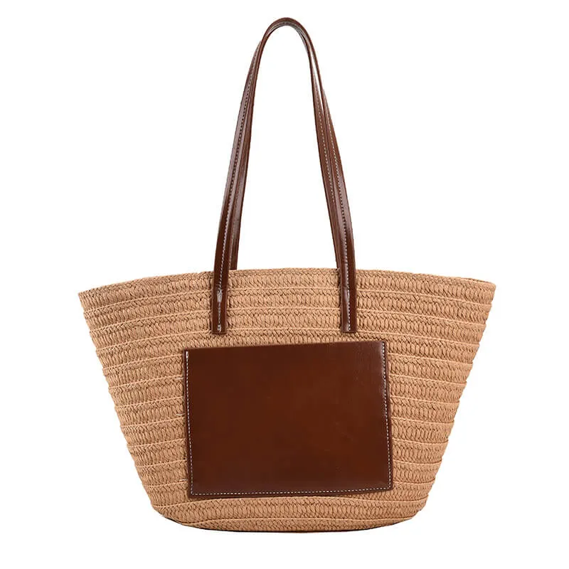 Woven Straw Beach Basket Tote Bag With Leather Handles-Showtown