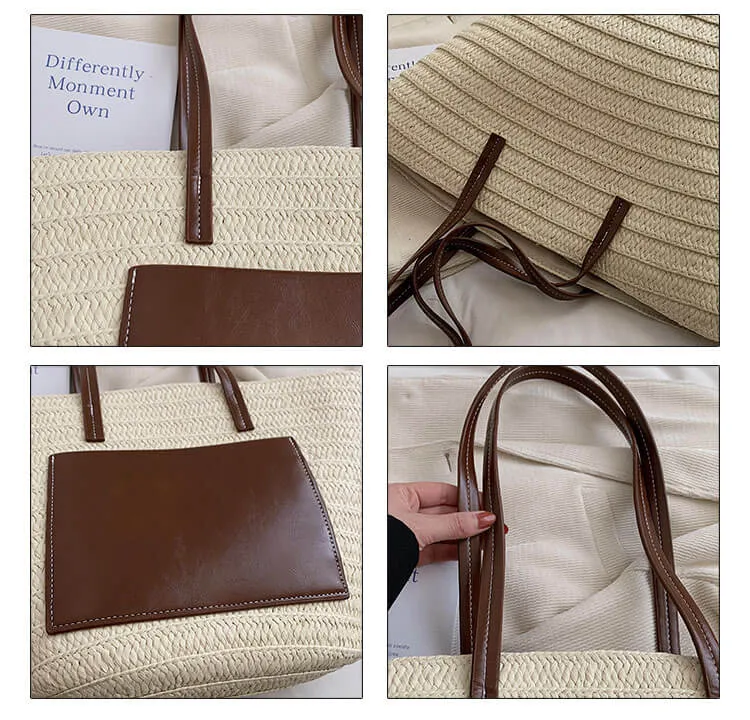 Woven Straw Beach Basket Tote Bag With Leather Handles-Showtown