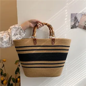 Woven Straw Tote Bag With Bamboo Handles-Showtown
