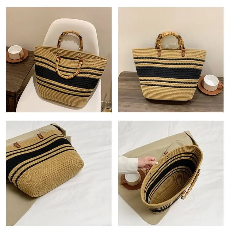 Woven Straw Tote Bag With Bamboo Handles-Showtown