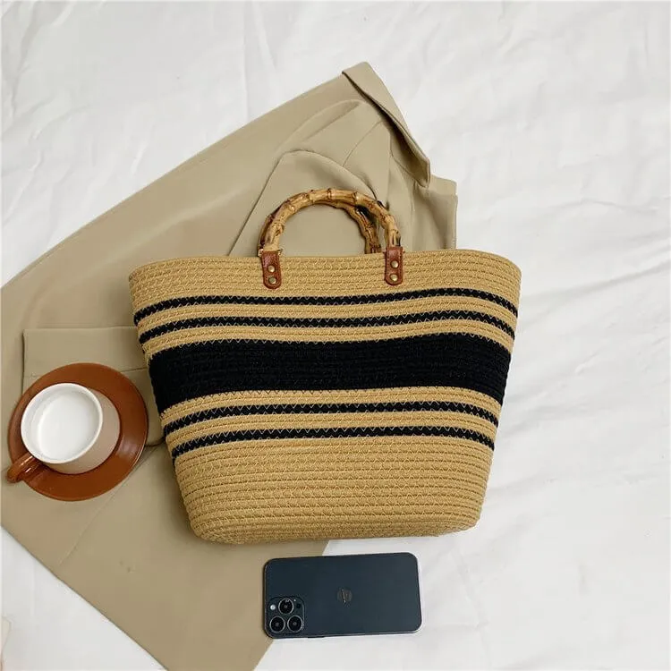 Woven Straw Tote Bag With Bamboo Handles-Showtown
