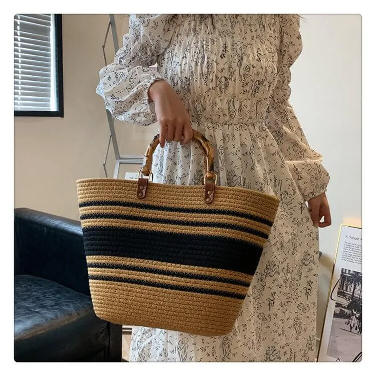Woven Straw Tote Bag With Bamboo Handles-Showtown