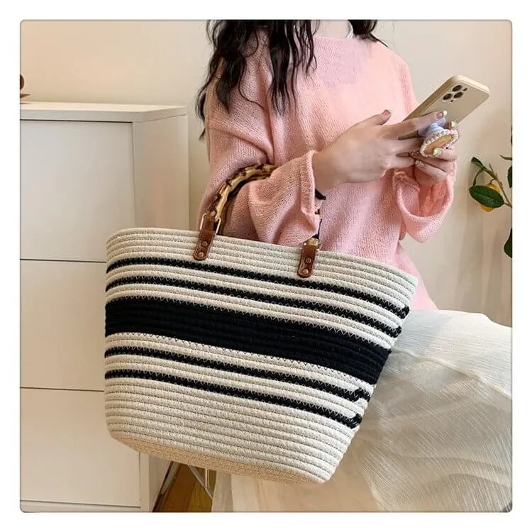 Woven Straw Tote Bag With Bamboo Handles-Showtown