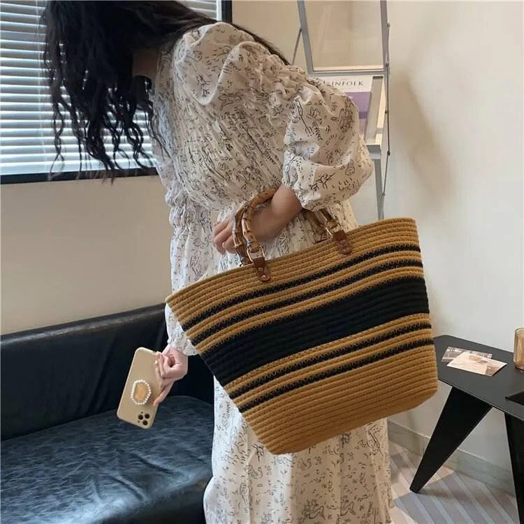 Woven Straw Tote Bag With Bamboo Handles-Showtown