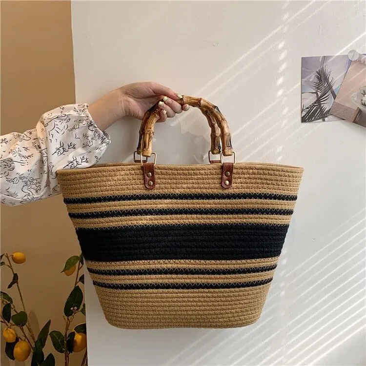 Woven Straw Tote Bag With Bamboo Handles-Showtown